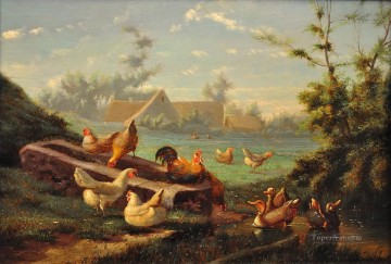Fowl Painting - chicken by pond